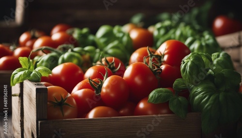 organic fresh tomatoes picked from the field in a wooden crate 