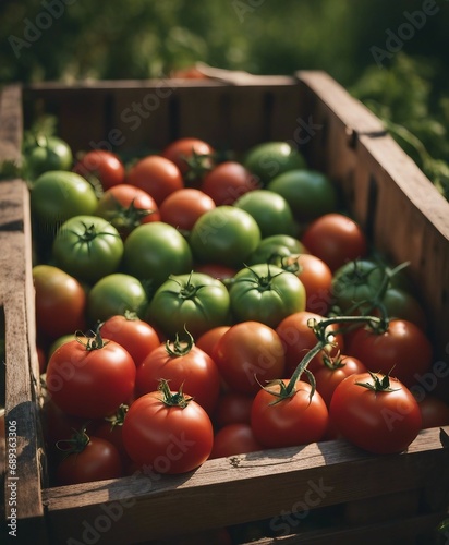 organic fresh tomatoes picked from the field in a wooden crate
