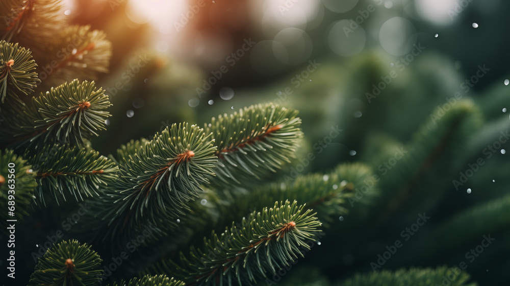 Christmas tree with festive bokeh lights. Christmas and New Year holiday background. Christmas tree close up. Winter season. Happy holiday. Magic time, garland lights. Generated AI