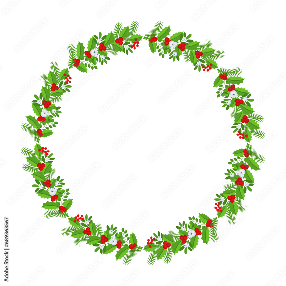 Christmas round floral wreath frame. Winter holiday decoration