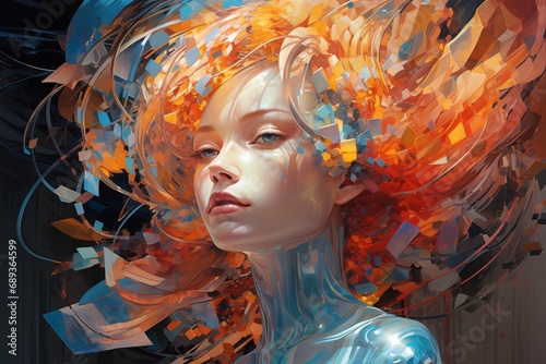 Bild einer futuristischen Frau mit von schillerndem Licht bedeckten Haaren im Stil von farbenfroher Komplexität, technologischer Kunst photo