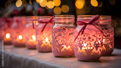 Romantic candlelight glows from patterned jars  adorned with ribbons  setting an intimate ambiance. Ideal for weddings or cozy home decor. 