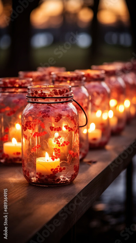 A series of red-tinted jars with candles inside illuminate a wooden surface, creating a festive and warm setting. A charming addition to any romantic event. 