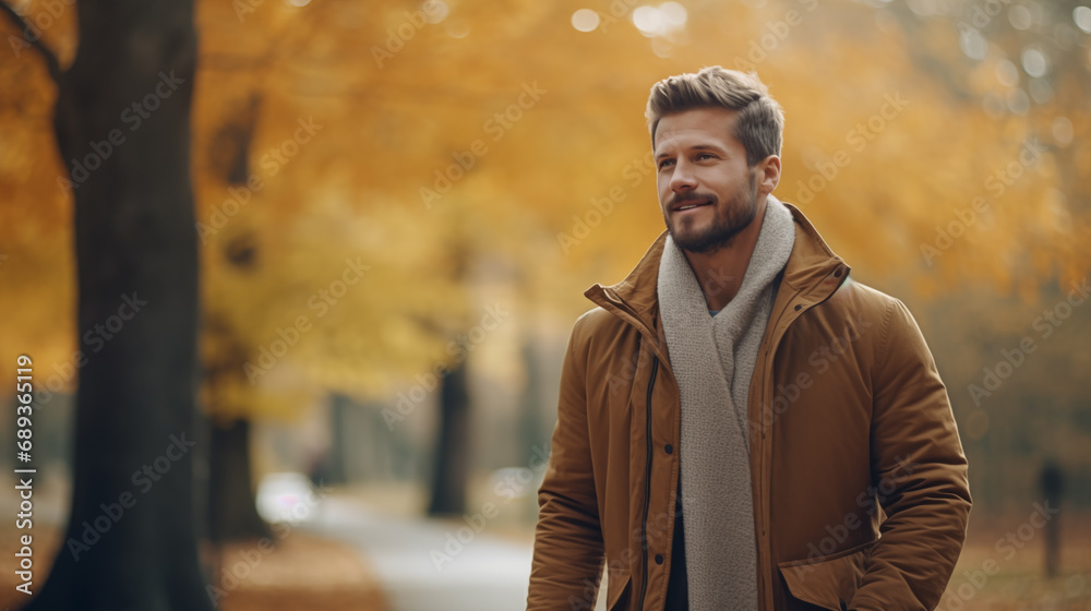 Obraz premium Beautiful male walks in the autumn park. Scenic autumn landscape, fall foliage. Outdoor activities. Autumn walk in nature. Enjoy the weather and fresh air. Travel and exploration. Generated AI