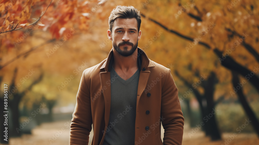 Beautiful male walks in the autumn park. Scenic autumn landscape, fall foliage. Outdoor activities. Autumn walk in nature. Enjoy the weather and fresh air. Travel and exploration. Generated AI