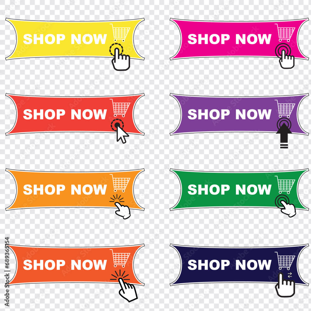 Buy now button with shopping cart. Shop now. Modern collection for web site. Online shopping. Click here, apply, buttons hand pointer clicking. Web design elements. Vector illustration - obrazy, fototapety, plakaty 