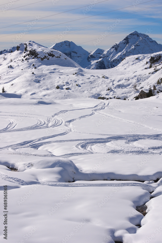 Tracks in te fresh snow. Dordona pass (Italian: Passo di Dordona). Foppolo, Lombardy, Italy