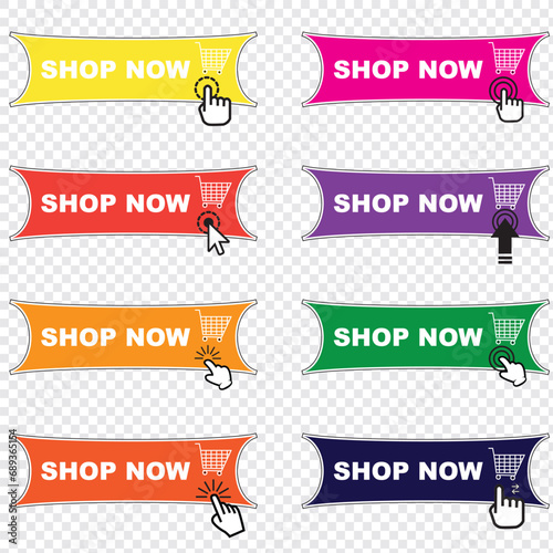 Buy now button with shopping cart. Shop now. Modern collection for web site. Online shopping. Click here, apply, buttons hand pointer clicking. Web design elements. Vector illustration photo