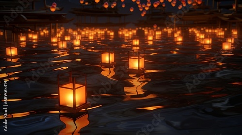 Lit lanterns floating on water for the Japanese Toro Nagashi.