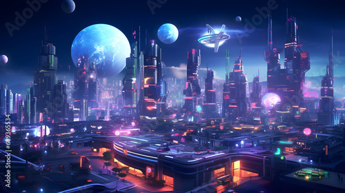 Futuristic city during a festival neon and holographic decorations celebratory drones --ar 16:9 --v 5.2 --style raw