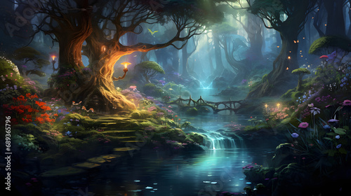 Magical omnibus fantasy landscape mythical creatures enchanted forests --ar 16:9 --v 5.2 --style raw © Sebastian