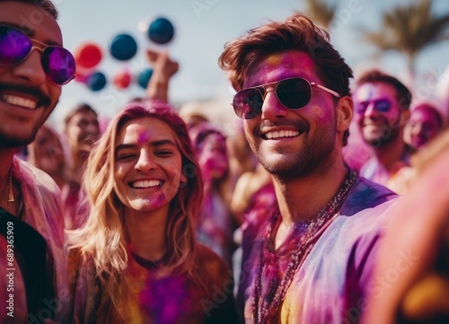 portrait of a group of friends together at holi fest