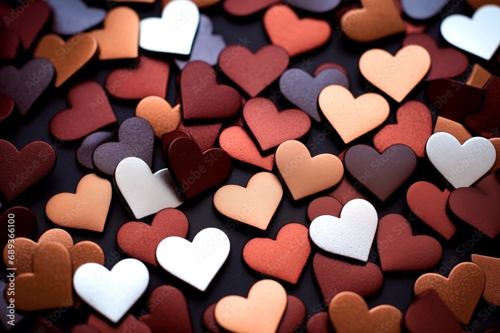 close-up of a scattering of small colored hearts for Valentine's Day