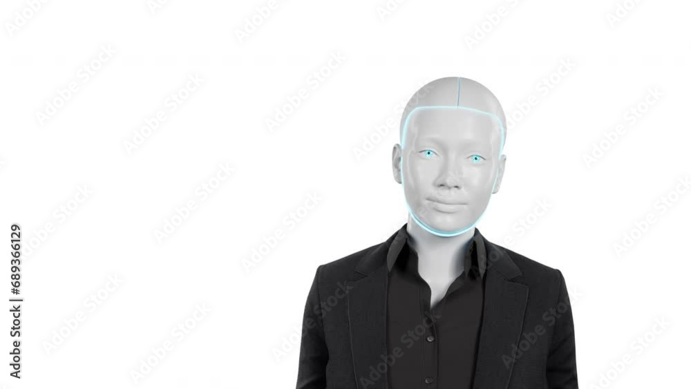 Cyborg in the studio. feMale robot in black business suit. Concept of robotization, the replacement of human labor. Robots occupy jobs. Realistic cyborg face, 3d render animation Cyborg in the studio. feMale robot in black business suit. Concept of robotization, the replacement of human labor. Robots occupy jobs. Realistic cyborg face, 3d render animation