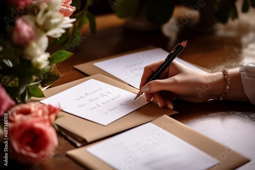 image of a women's hand writing a romantic message on a card photo