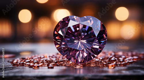 Shining luxury unique violet diamond stone in the shape of a heart prepared for creating handmade craft jewelry, lying alone on a horizontal surface and blurred background
