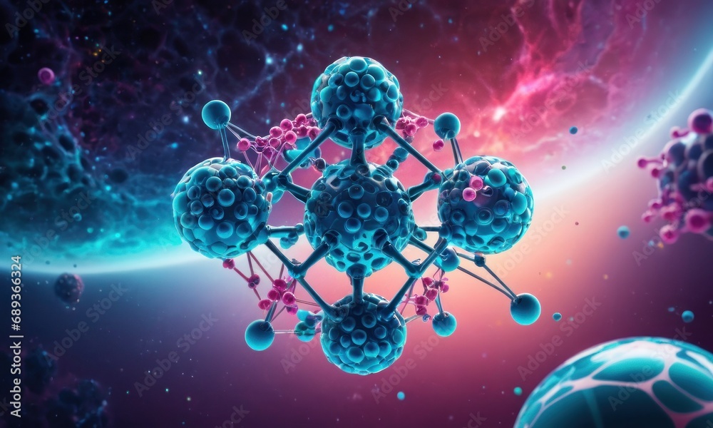 Molecule of Virus or bacteria cells on air or human blood. Close up. Viruses in infected organism, viral disease epidemic. Corona, influenza viruses. Healthcare and medicine Concept