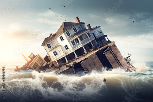 Earthquake aftermath, Stock photo depicting house destruction a poignant image capturing the devastating impact of seismic forces on human habitats. photo