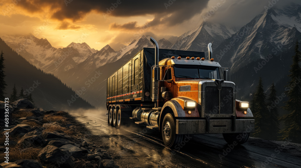 Shades of the highway. Photo of a truck on the road at sunset. A dynamic image that represents the freedom and efficiency of transport.