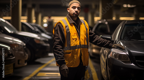 Parking lot attendant wearing bright orange and yellow safety vest photo