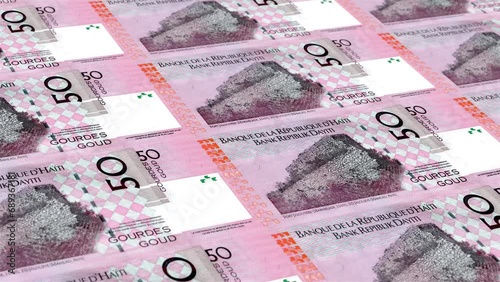 Haiti Haitian Gourde 50 Banknotes Money Printing House, Printing Fifty Haitian Gourde, Printing Press Machine Print out Haitian Gourde, Being printed by currency press machine 50 Haitian