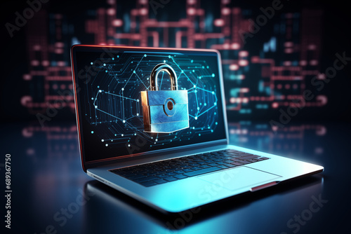 Cyber Security Laptop, Digitalisierung, futuristische Grafik