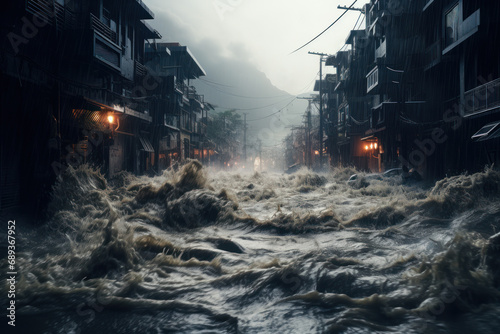 A torrential downpour transforming streets into rivers, illustrating the power and intensity of heavy rainfall. Concept of urban flooding. Generative Ai.
