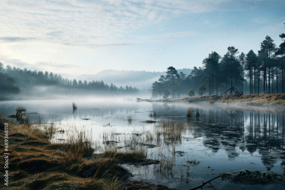 A tranquil and misty morning over a mirror-like pond, evoking a sense of calm and reflection. Concept of peaceful introspection. Generative Ai.