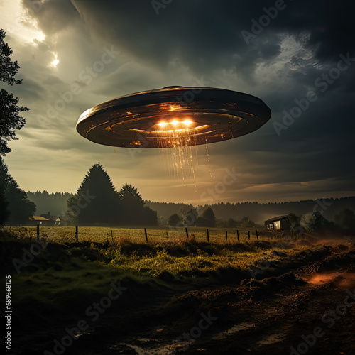 Extraterrestrial arrival, Stock photo capturing the moment a flying saucer lands on planet Earth a captivating image of sci fi wonder and interstellar intrigue.