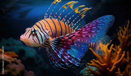 A lionfish swimming in the ocean with coral. Generative AI. © serg3d
