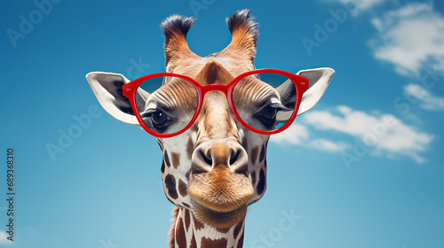  Cute giraffe with glasses against the blue sky in summer looks at the camera