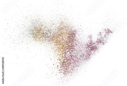 Colorful chalk pieces and powder flying, explosion effect isolated on white, clipping path