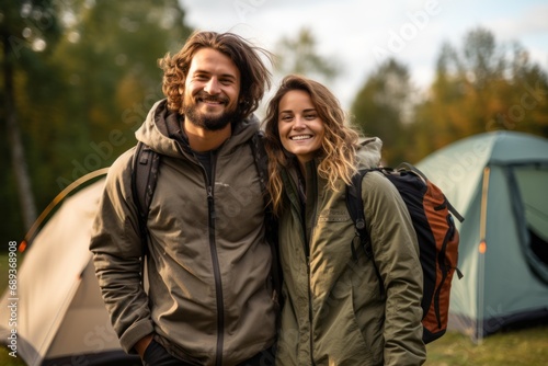 A happy young couple in the forest with their tent and camping gear