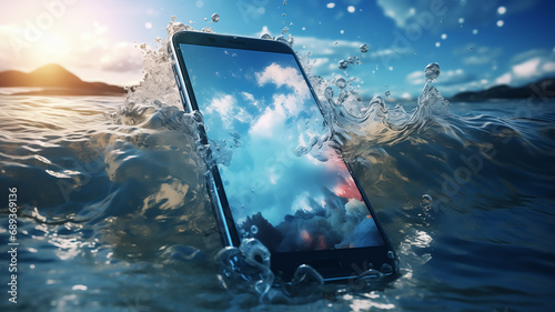Waterproof smartphone in the ocean.Showing that smartphone resistant to the water.Mobile phone of last generation photo