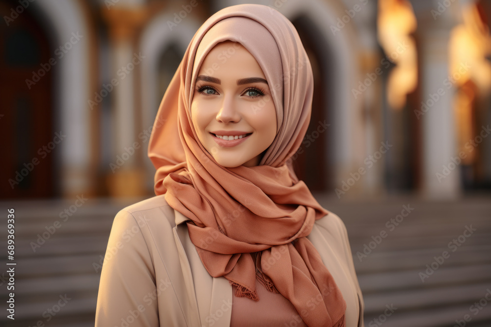 Muslim lady dressed in hijab outdoors posing in front of the mosque at sunset Muslim lady dressed in hijab outdoors posing in front of the mosque at sunset