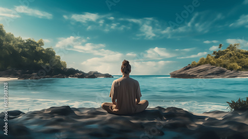 Young man sitting on the beach doing yoga and meditating.Relaxing near the ocean in luxury place.Travel and work balance.