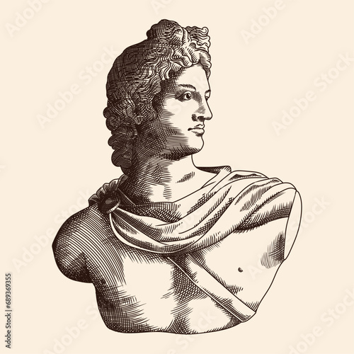 Bust of the ancient Greek and Roman god Apollo. Vector illustration in engraving style. photo