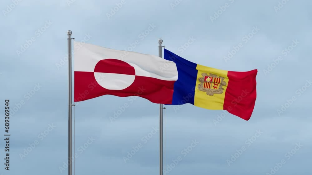 Greenland flag and Andorra flag waving together on cloudy sky, endless seamless loop Greenland flag and Andorra flag waving together on cloudy sky, endless seamless loop