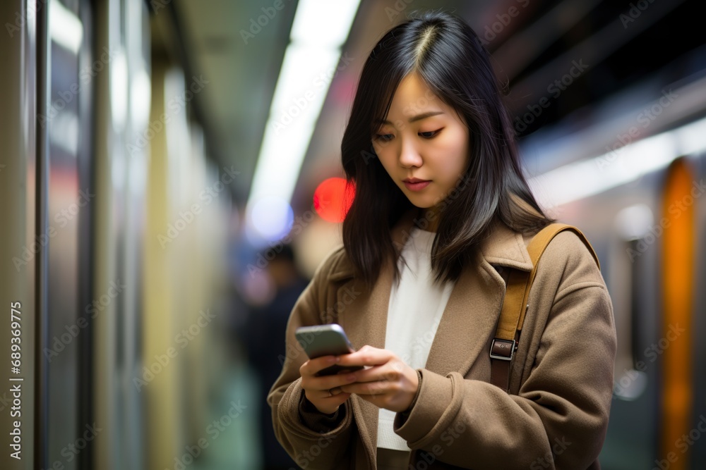 girl asian woman standing in subway train putting a message on her mobile