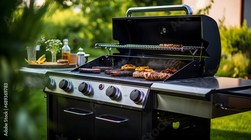 Un barbecue gaz moderne avec des saucisses, des brochettes et des burgers en train de cuire. 