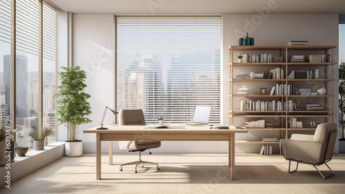 Super modern business office indoors inspired in minimalism, wide windows and trees. A space where creativity flows. Still life shot of a modern office space