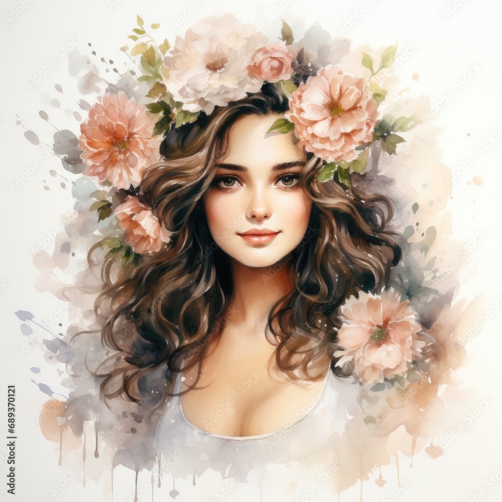 Beautiful young woman with long curly hair and flowers in her hair. Watercolor illustration