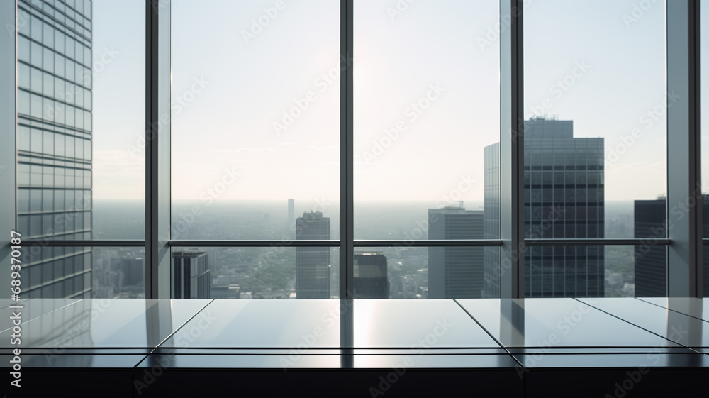 Fototapeta premium High-rise modern building with wide windows of city view. Empty room with wide windows.Minimalism style. Can be used for office and conferences.