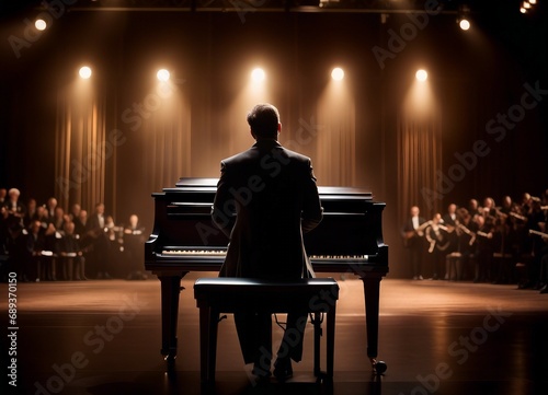 artist playing piano on stage, back view

 photo