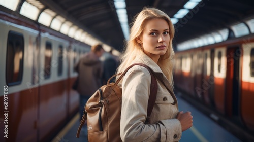 girl with blonde har wearing a backpack in a train, 16:9