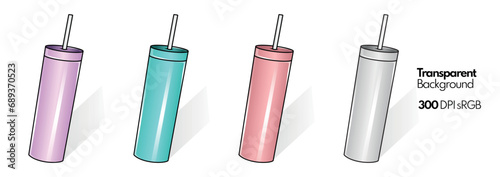 Tumbler bottle in cyan, rose gold and silver colors with lids and stainless straws