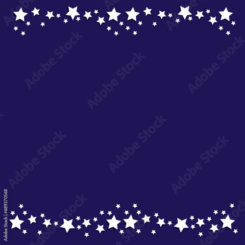 Vector square festive dark blue background - banner with a frame with a stripe of white volumetric stars at the bottom and top and a place for text