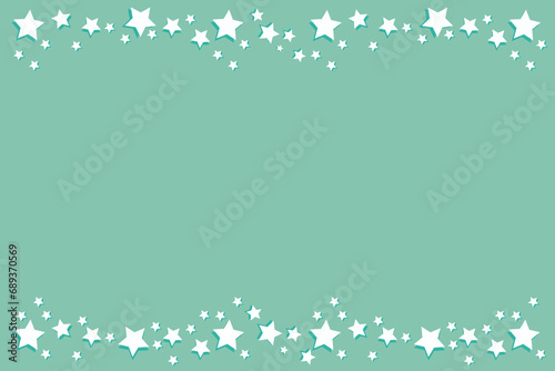 Vector rectangular festive green pastel background - banner with a frame with a stripe of white volumetric stars at the bottom and top and a place for text