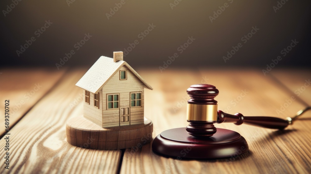 A judge's gavel and a miniature house on a wooden table. Generative AI. A judge's gavel and a miniature house on a wooden table. Generative AI.