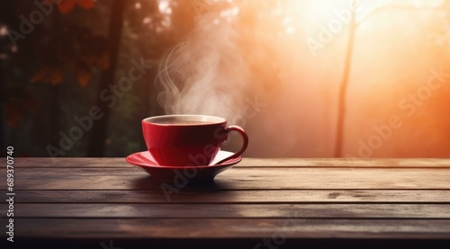 A warm cup of coffee on a wooden table with sunlight in the background. Generative AI.